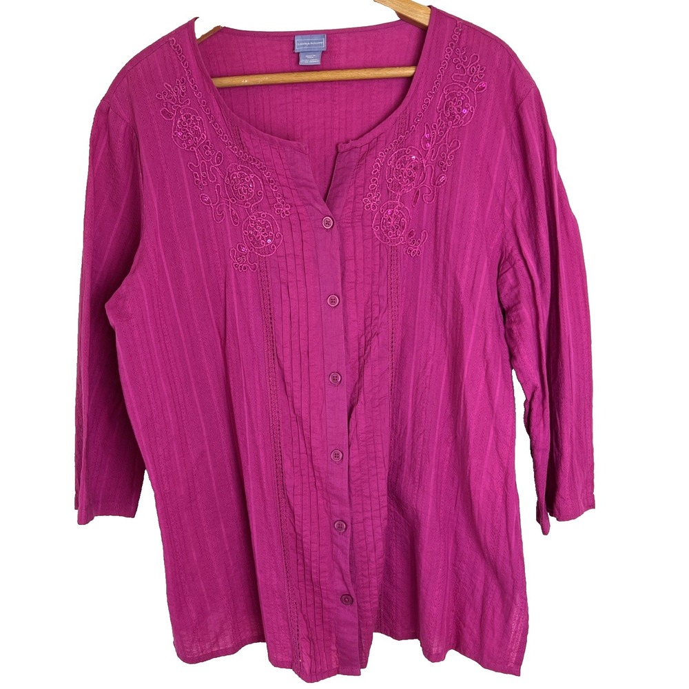 Laura Scott Boho Top Size Extra Large Pink Embroidered Peasant Button Up 3/4 - Picture 4 of 14